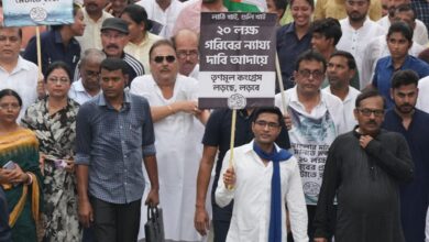 TMC general secretary Abhishek Banerjee with party activists during protest march towards West Bengal Governor house, in Kolkata
