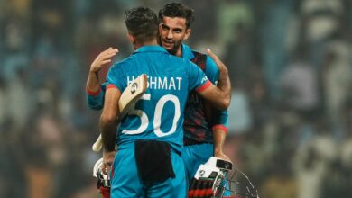 Afghanistan's batters Hashmatullah Shahidi and Azmatullah Omarzai celebrate after winning the ICC Men's Cricket World Cup 2023 match against Netherlands,