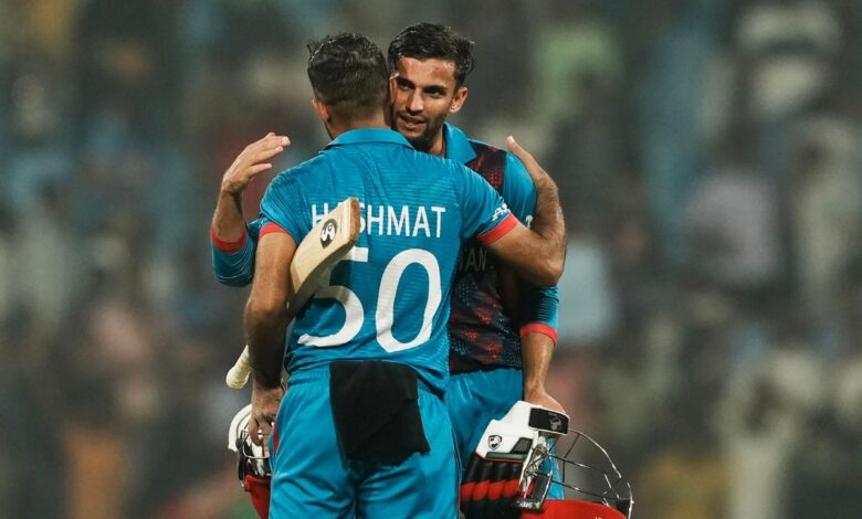 Afghanistan's batters Hashmatullah Shahidi and Azmatullah Omarzai celebrate after winning the ICC Men's Cricket World Cup 2023 match against Netherlands,