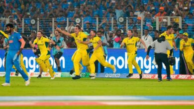 Australian players celebrate after winning the ICC Men’s Cricket World Cup 2023 final over India at the Narendra Modi Stadium in Ahmedabad on Sunday (PTI Photo/Ravi Choudhary)