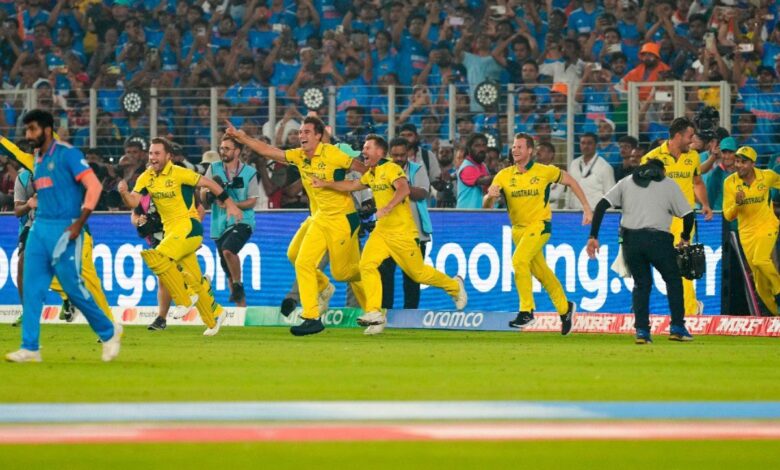 Australian players celebrate after winning the ICC Men’s Cricket World Cup 2023 final over India at the Narendra Modi Stadium in Ahmedabad on Sunday (PTI Photo/Ravi Choudhary)
