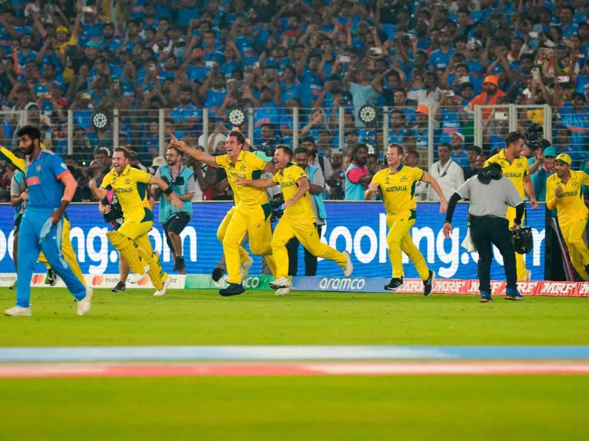 Australian players celebrate after winning the ICC Men’s Cricket World Cup 2023 final over India at the Narendra Modi Stadium in Ahmedabad on Sunday (PTI Photo/Ravi Choudhary)