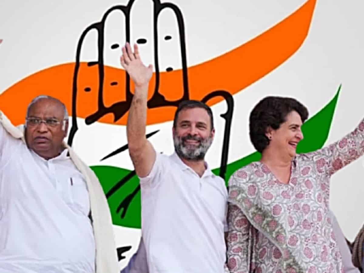 Congress leaders Mallikarjun Kharge, Rahul Gandhi and Priyanka gandhi
