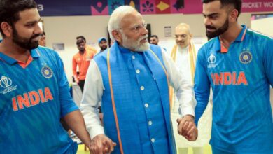 Ahmedabad, Nov 20 (ANI): Prime Minister Narendra Modi consoles cricketers Rohit Sharma and Virat Kohli as the PM meets the players of Team India in their dressing room to raise their spirits after India's loss to Australia by 6 wickets in the ICC Men's Cricket World Cup 2023 final match at Narendra Modi Stadium in Ahmedabad recently. Australia win their sixth ICC ODI World Cup title. Union Home Minister Amit Shah also seen. (ANI Photo)