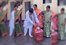 Watch: Congress leader worships gas cylinder before casting vote