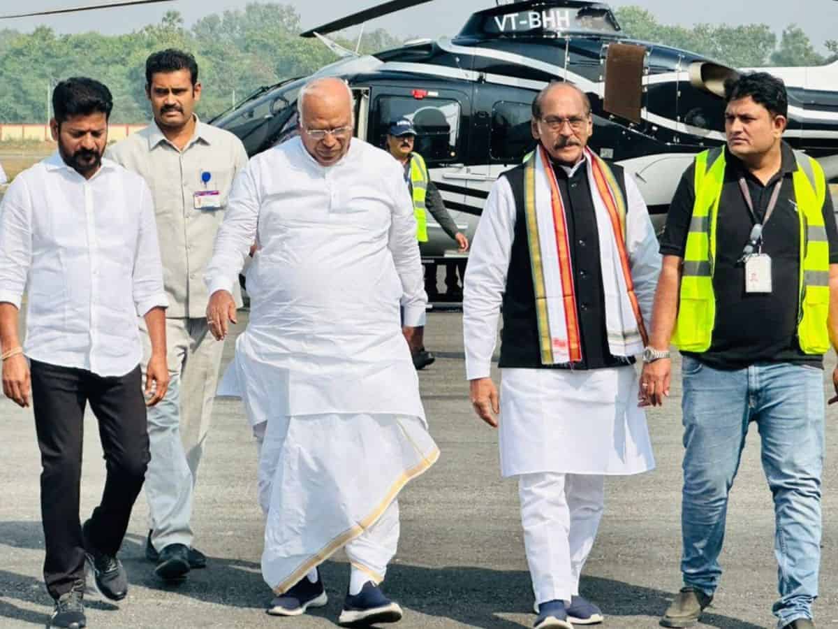Telangana Congress manifesto Kharge arrives in Hyderabad