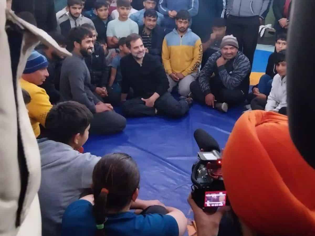 Rahul Gandhi reached Virender Arya Akhara in Chara Village of Jhajjar, Haryana to meet wrestlers.