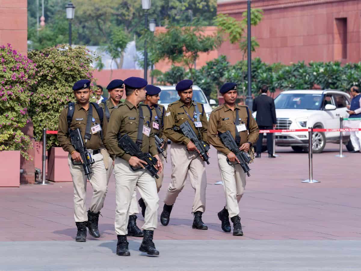 New Delhi: Armed security personnel patrol the Parliament House premises after a security breach on the anniversary of the 2001 Parliament terror attack on Wednesday, in New Delhi, Thursday, Dec. 14, 2023. (PTI Photo/Kamal Singh)