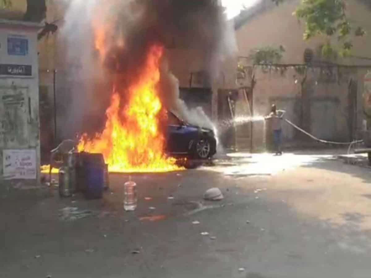 Video: Car bursts into flames in Hyderabad's mint compound