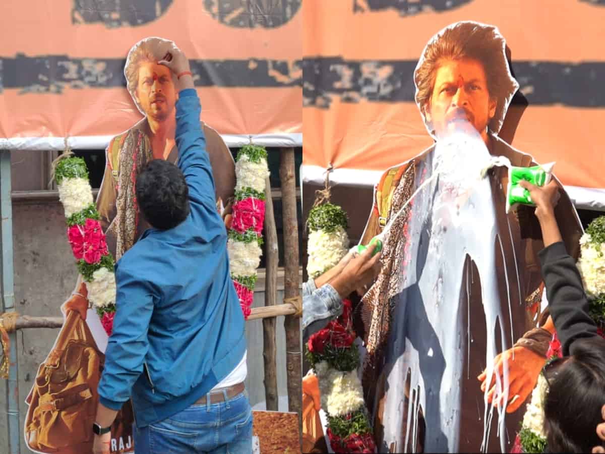 Dunki: Fans in Hyderabad pour milk over SRK's poster, apply tilak