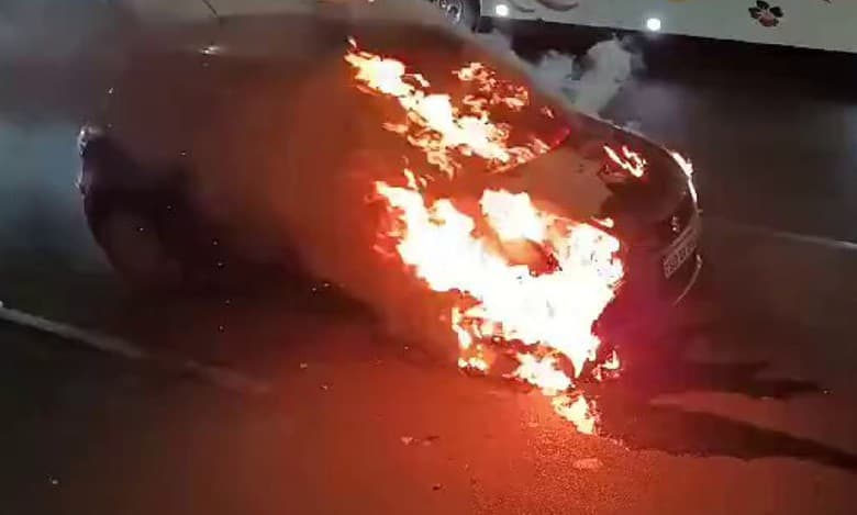 Watch: Car catches fire on Secretariat Road in Hyderabad