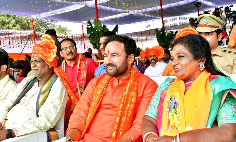 Telangana Governor Tamilisai Soundararajan, Union Minister G Kishan Reddy, Rajya Sabha MP K Laxman at Nizam College Ground