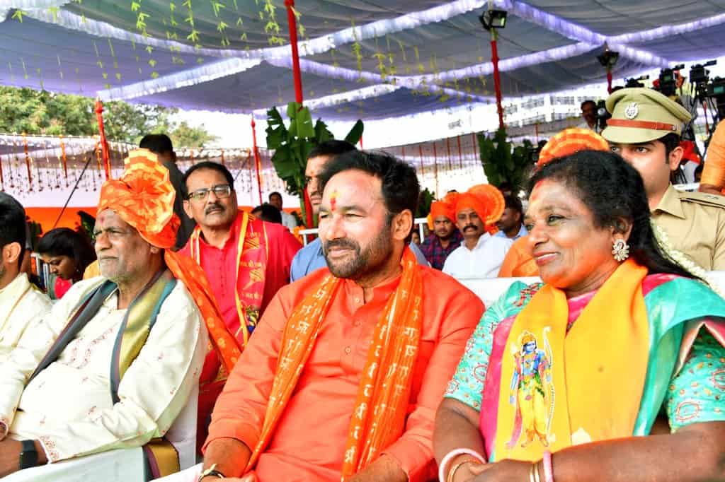 Telangana Governor Tamilisai Soundararajan, Union Minister G Kishan Reddy, Rajya Sabha MP K Laxman at Nizam College Ground