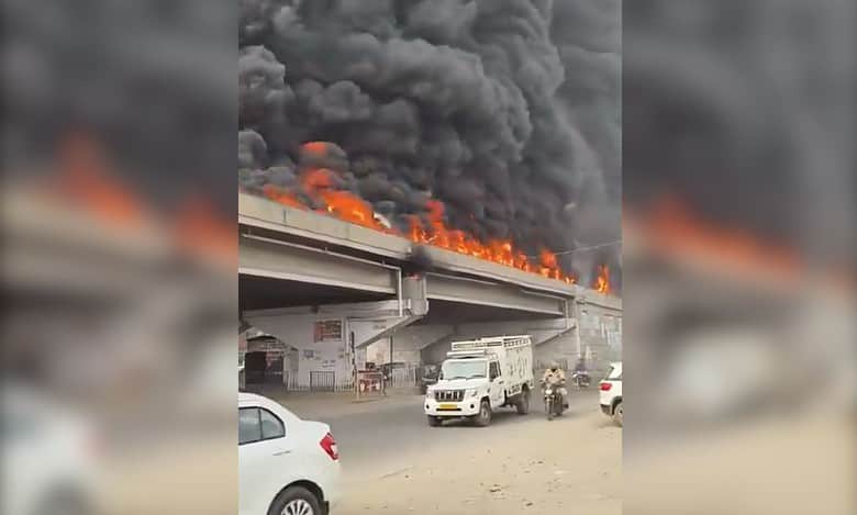 Video: Fierce fire on Punjab flyover as oil tanker hits divider