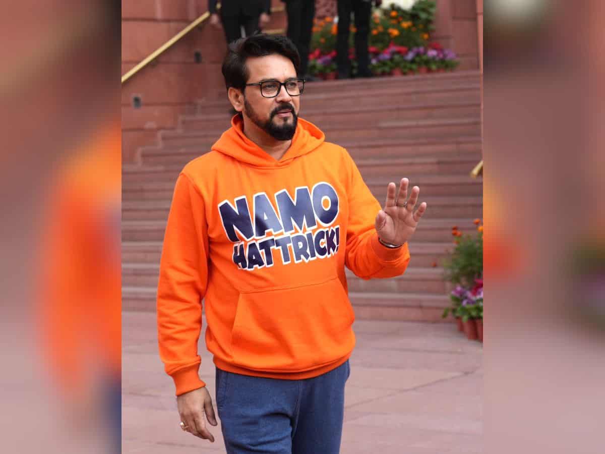 Anurag Thakur wears 'Namo Hattrick' saffron hoodie to parliament