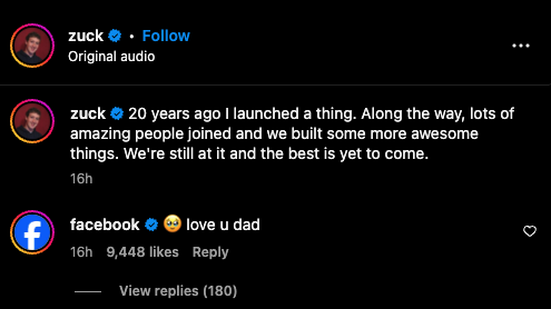 Facebook Marks 20 Years, Instagram Sends Love to Zuckerberg: 'Love You, Dad' 2 Screenshot 2024 02 05 at 2.52.38%E2%80%AFPM