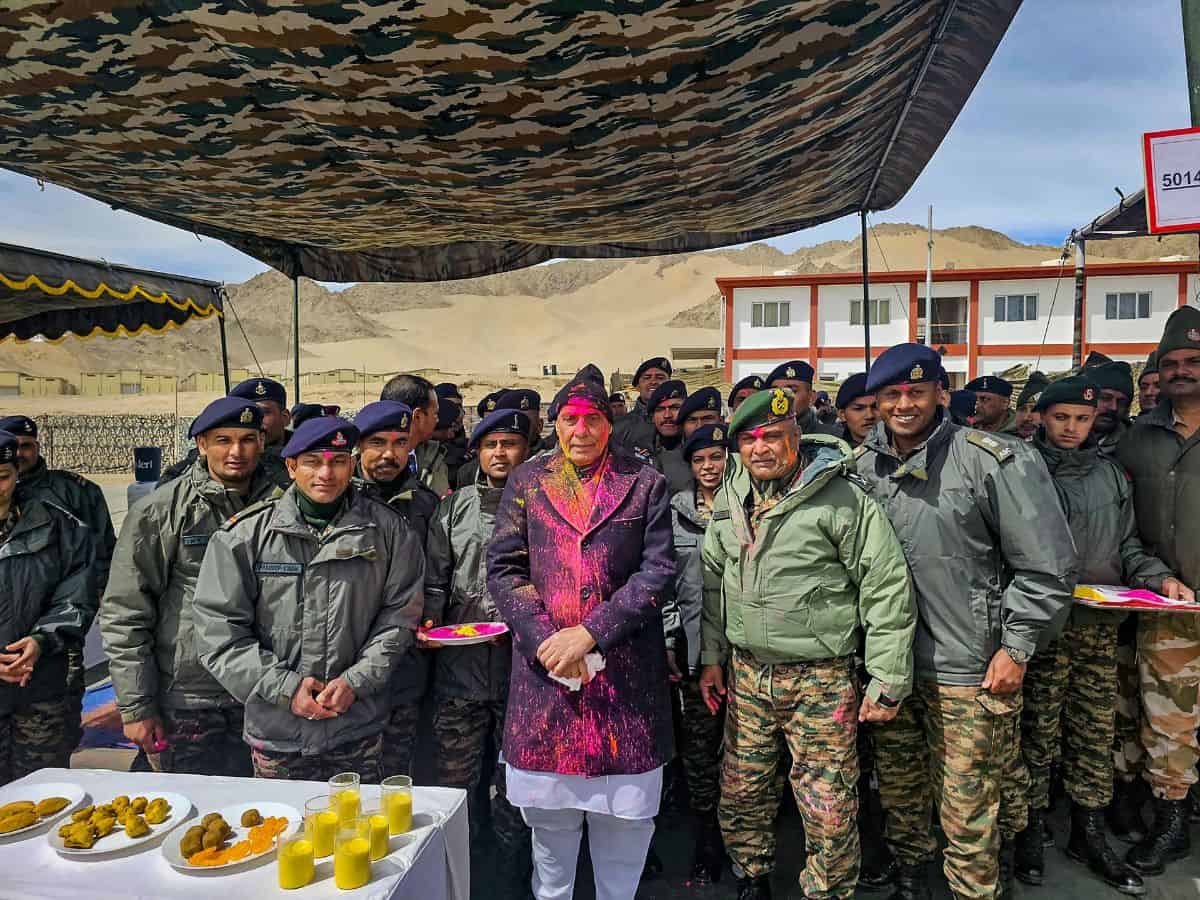 Rajnath Singh celebrates Holi with army personnel in Leh