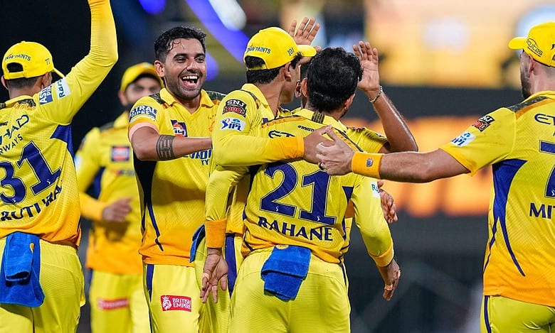 Chennai Super Kings' Tushar Deshpande with teammates celebrates after taking the wicket of Gujarat Titans' David Miller during the Indian Premier League (IPL) 2024 T20 cricket match between Chennai Super Kings and Gujarat Titans, at MA Chidambaram Stadium in Chennai,