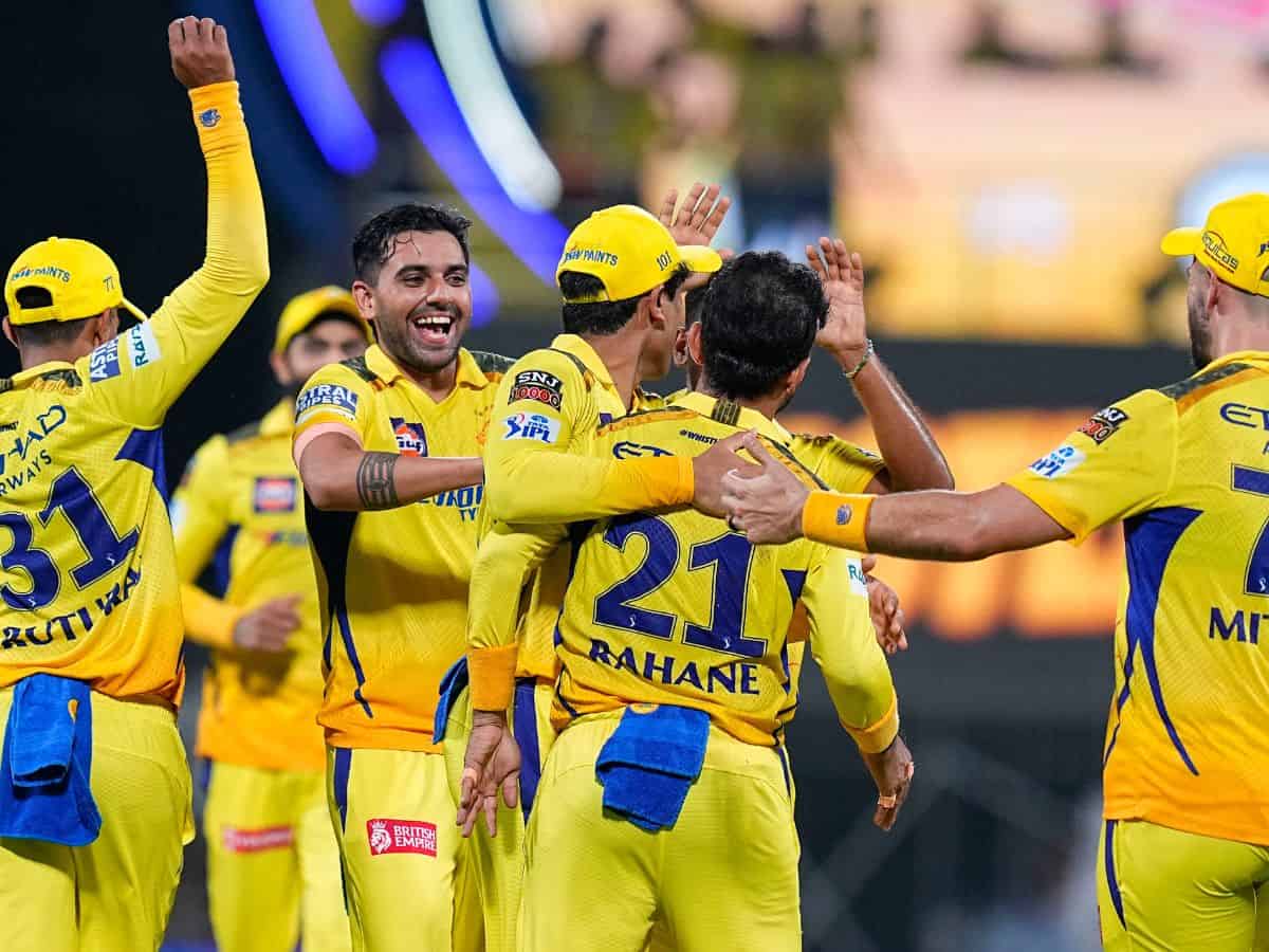 Chennai Super Kings' Tushar Deshpande with teammates celebrates after taking the wicket of Gujarat Titans' David Miller during the Indian Premier League (IPL) 2024 T20 cricket match between Chennai Super Kings and Gujarat Titans, at MA Chidambaram Stadium in Chennai,