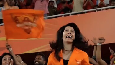 SRH co-owner Kavya Maran dances at Hyderabad's Uppal Stadium during IPL match