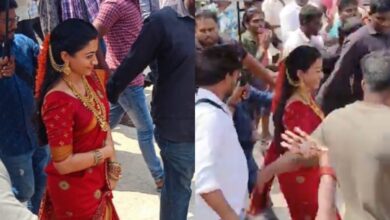 Rashmika Mandanna spotted in red saree, sindoor at temple