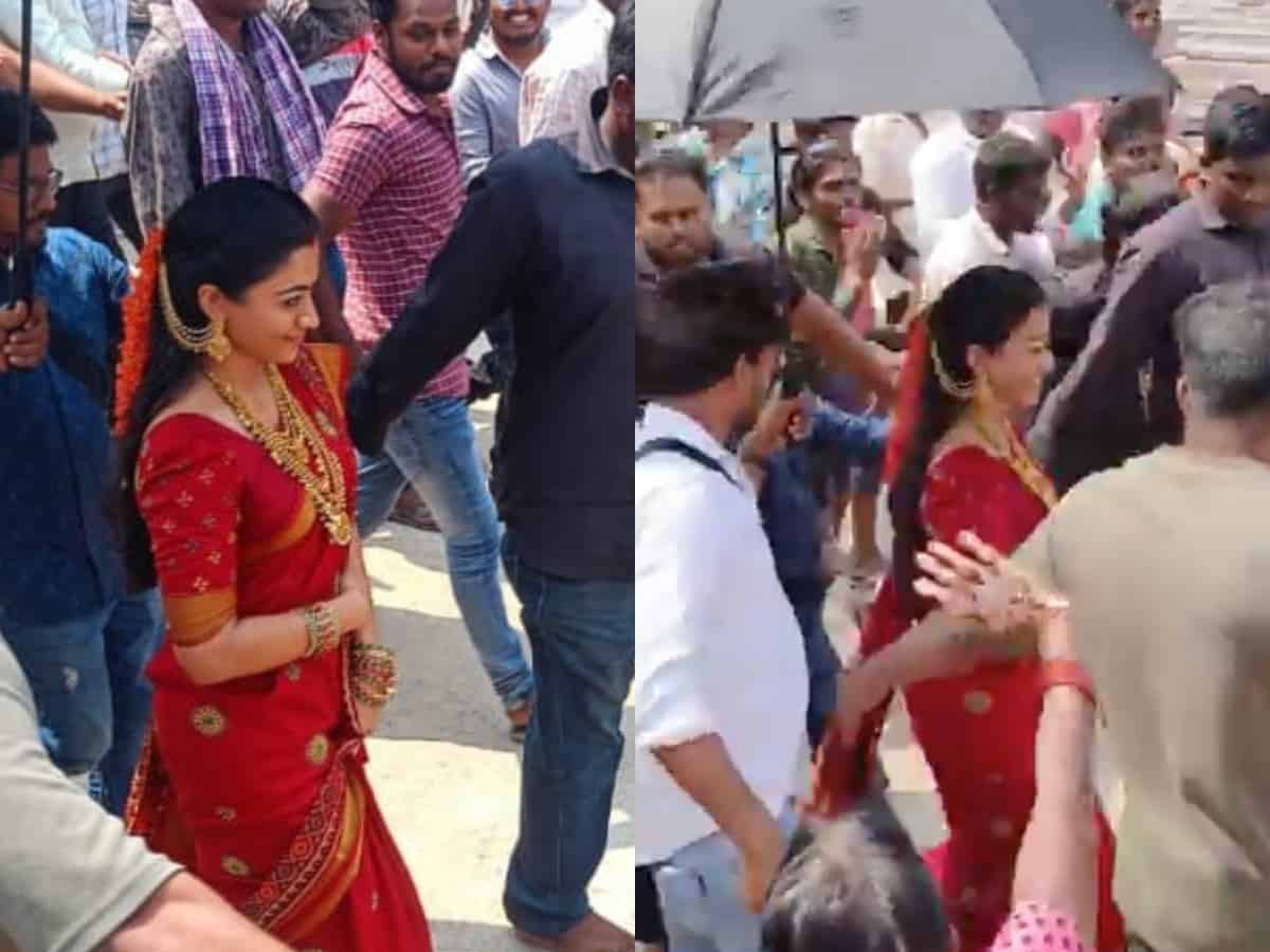 Rashmika Mandanna spotted in red saree, sindoor at temple