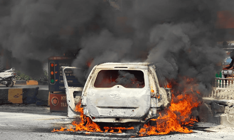 Watch: Car catches fire near petrol pump in Hyderabad’s Lakdikapul
