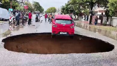 UP: Road collapses in Lucknow creating massive crater, no injuries