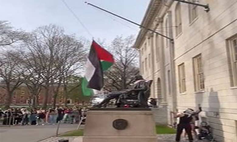Watch: Protestors replace US flag with Palestinian at Harvard University
