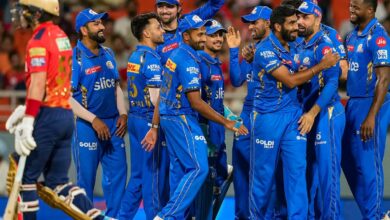 Mohali: Mumbai Indians bowler Jasprit Bumrah with teammates celebrates the wicket of Punjab Kings batter Sam Curran during the Indian Premier League (IPL) 2024 cricket match between Punjab Kings (PBKS) and Mumbai Indians (MI) at Maharaja Yadavindra Singh International Cricket Stadium, Mullanpur, in Mohali, Thursday, April 18, 2024. (PTI Photo)