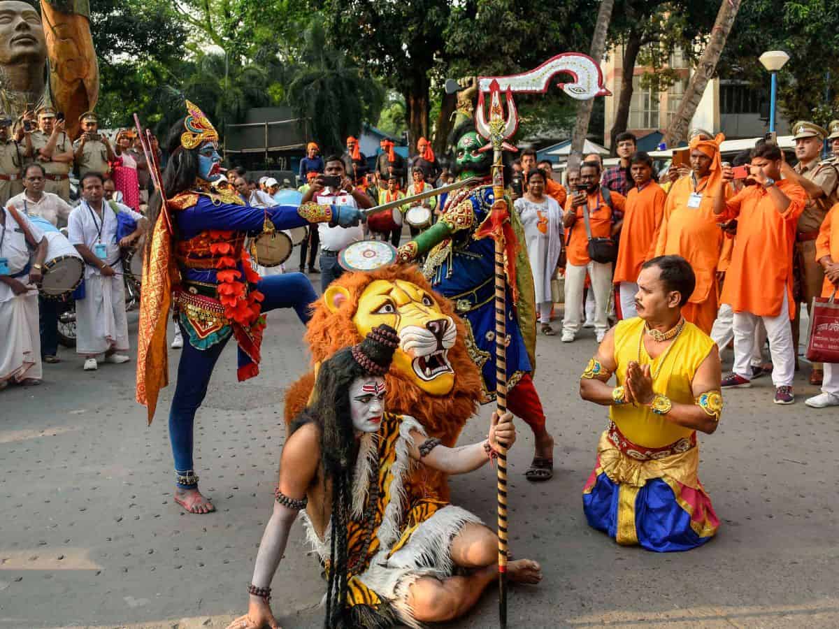 Kolkata: Artists perform at a programme during Bengali new year celebration at Rabindra Sadan in Kolkata, Sunday, April 14, 2024. (PTI Photo)