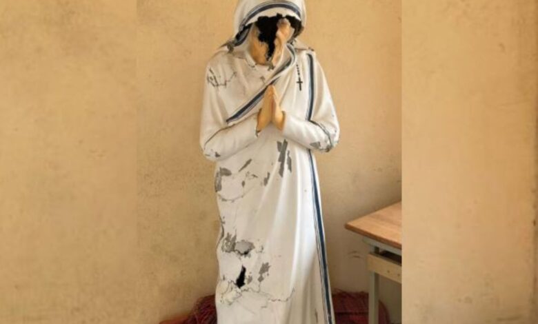 Property including a Mother Teresa statue was damaged in the attack on the missionary school.