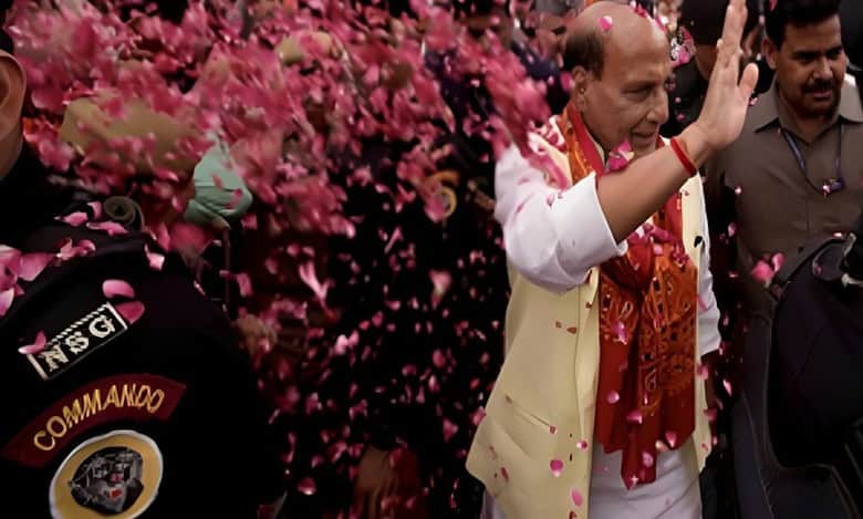 Rajnath Singh files nomination from Lucknow, CMs Yogi, Dhami join roadshow