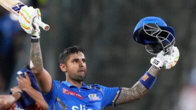 Mumbai Indians player Suryakumar Yadav celebrates his century during the Indian Premier League (IPL) 2024 T20 cricket match between Mumbai Indians and Sunrisers Hydrabad, at Wankhede Stadium in Mumbai,