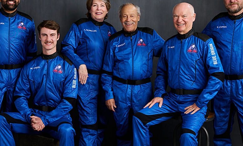 Indian entrepreneur and pilot Gopi Thotakura with crew members of Blue Origin