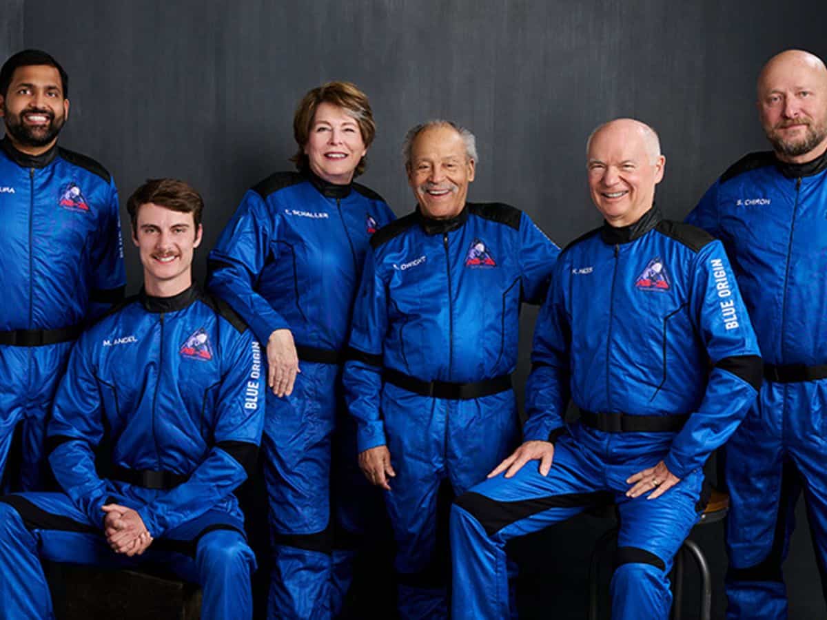 Indian entrepreneur and pilot Gopi Thotakura with crew members of Blue Origin