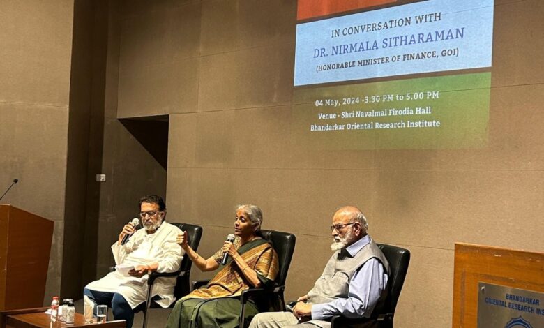 Union Finance Minister Nirmala Sitharaman during a discussion on Viksit Bharat at Bhandarkar Oriental Research Institute, in Pune,