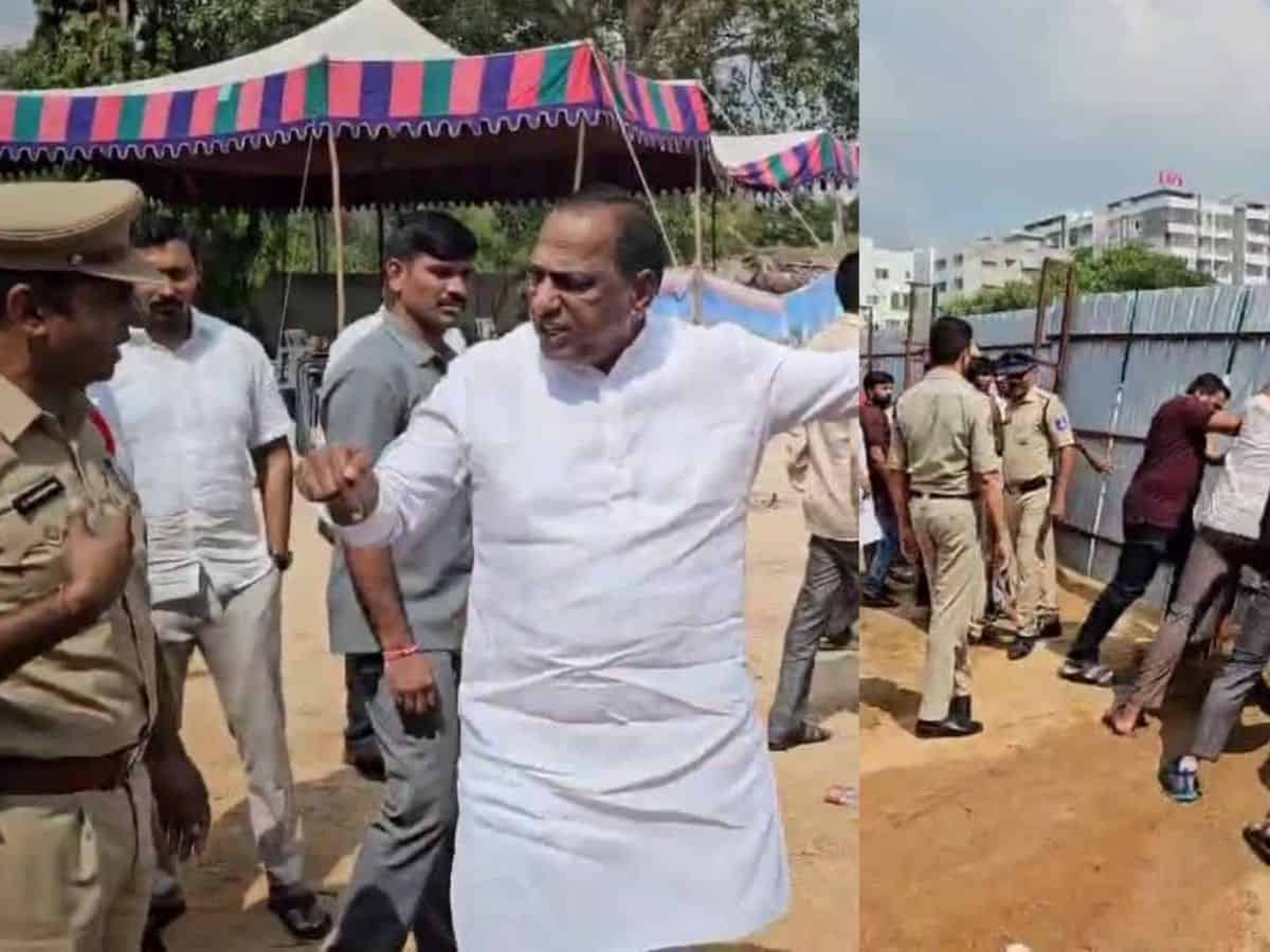 Ch Malla Reddy gets the boundary fence removed from the land with the help of his followers in the presence of police officers who were there to prevent the issue from escalating.