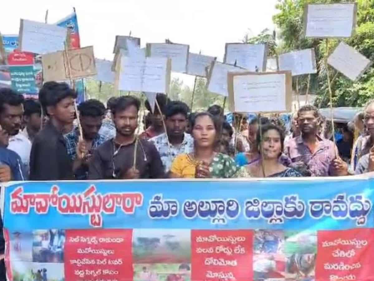 Tribals take out rally against the Maoists at Maddigaruvu Santha in G Madugula mandal of Alluri Sitarama Raju district on Thursday, urging the Maoists not to come to the district.