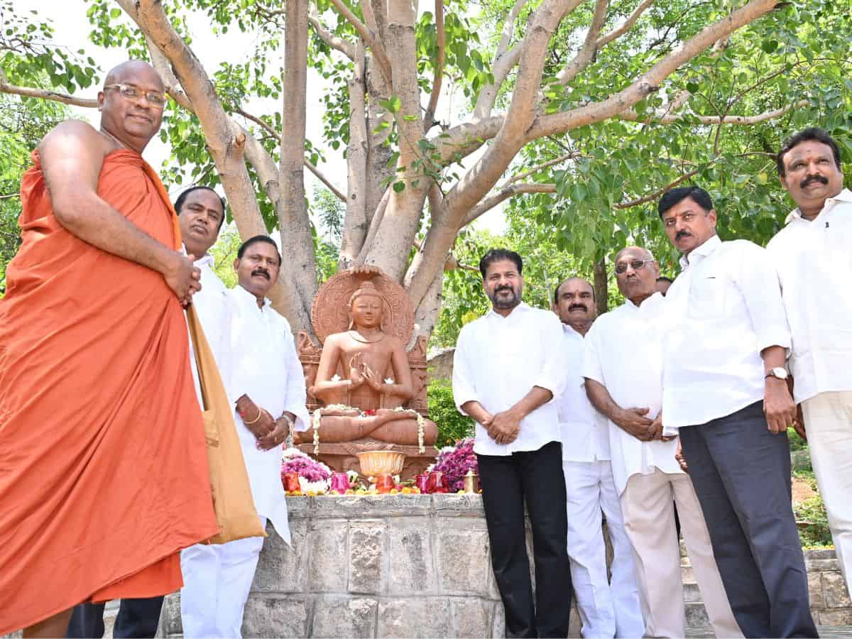 Chief Minister A Revanth Reddy participates in a programme at the Maha Buddha Vihar in Secunderabad on the occasion of Buddha Purnima celebrated on Thursday.