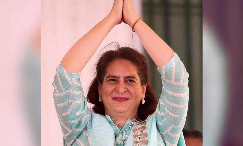 Hyderabad: Telangana Chief Minister A Revanth Reddy welcomes Priyanka Gandhi on her arrival, in Hyderabad, Saturday, May 11, 2024.