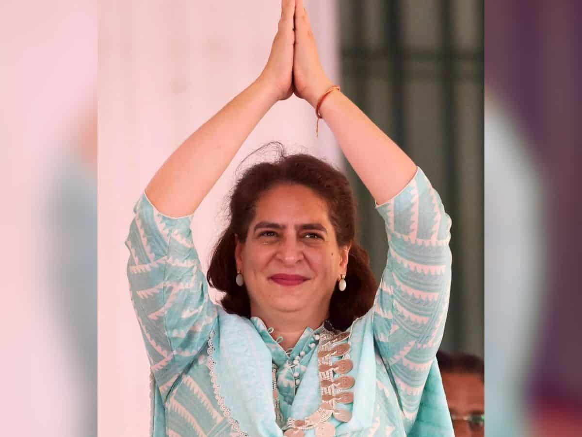 Hyderabad: Telangana Chief Minister A Revanth Reddy welcomes Priyanka Gandhi on her arrival, in Hyderabad, Saturday, May 11, 2024.