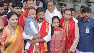 Revanth Reddy visits Lord Venkateshwara temple in Tirupathi along with his family and offers prayers on Wednesday.
