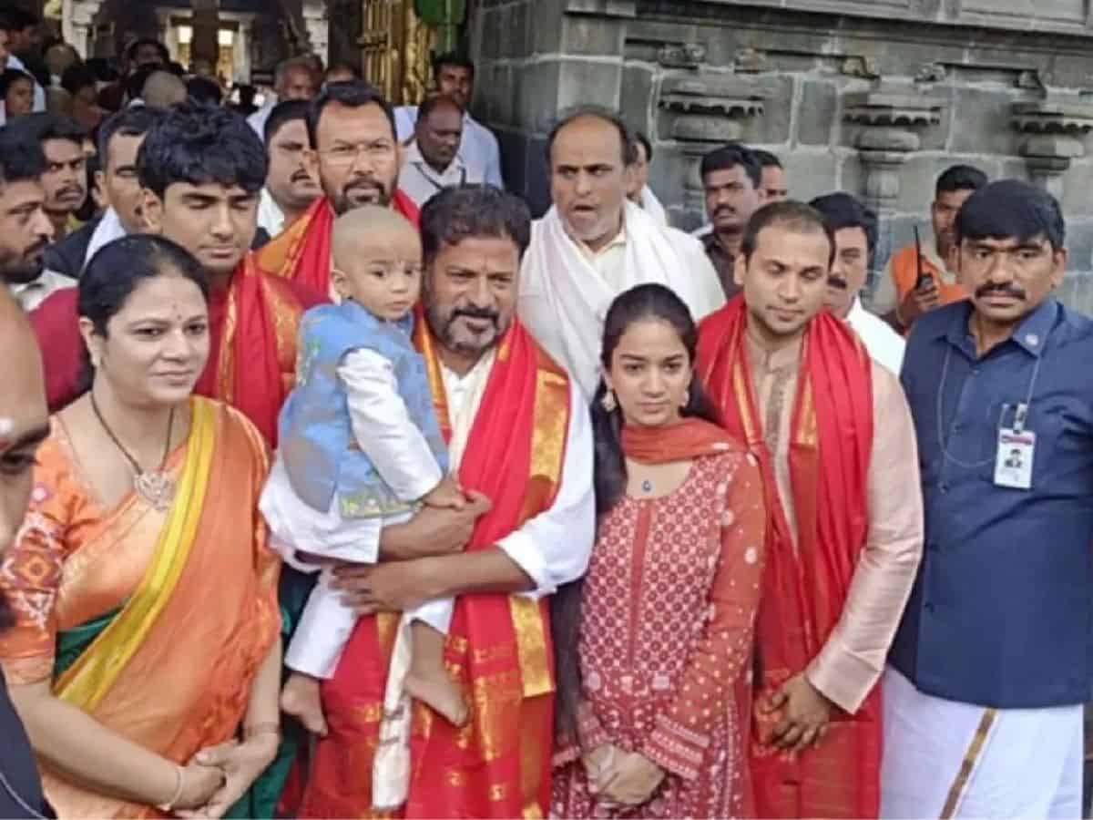 Revanth Reddy visits Lord Venkateshwara temple in Tirupathi along with his family and offers prayers on Wednesday.