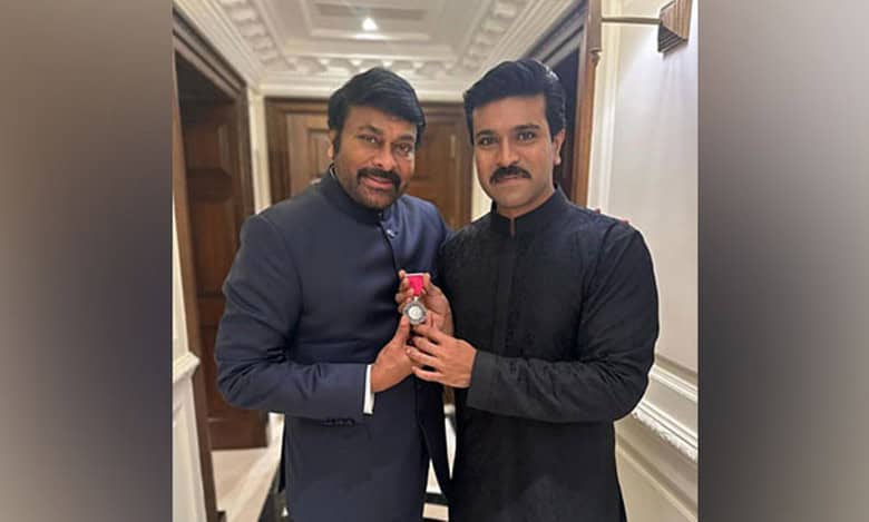 Proud son Ram Charan strikes pose with father Chiranjeevi's Padma Vibhushan