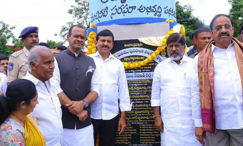 Bhatti Vikramarka lays the foundation stone for the 'Water Supply Improvement Scheme' under AMRUT 2.O grants and other developmental programmes at Kothagudem municipality on Thursday.