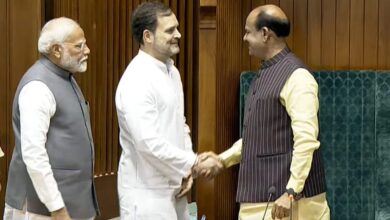 Leader of opposition Rahul Gandhi, Modi and Speaker Om Birla