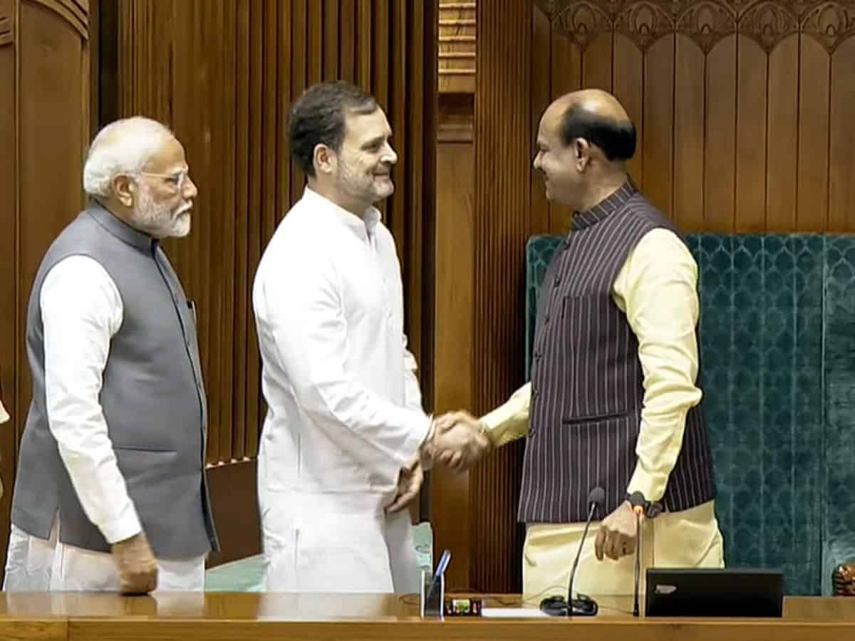 Leader of opposition Rahul Gandhi, Modi and Speaker Om Birla