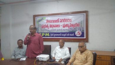 Professor K Nageshwar speaks at a seminar organised by CPM Hyderabad Central Committee on the topic "Urbanisation in Telangana- government policies- alternatives" at Sundarayya Vignana Kendram in Baghlingampally on Saturday.