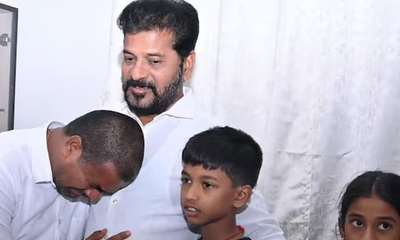 Chief Minister A Revanth Reddy pays his visit to Congress MLA Medipalli Satyam at his residence in Kompally on Saturday.